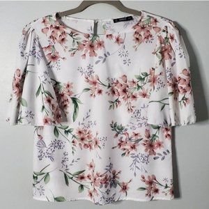 Shein Small White Floral Blouse Shirt w/ Short Flared Sleeves